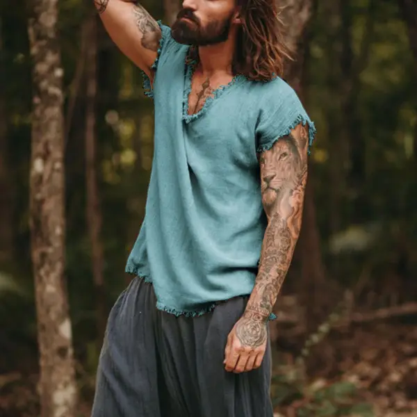 Mens Linen Minimalist Holiday Plain Tank Shirt - Wayrates.com 