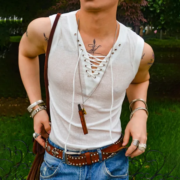 Roman Style Strap V-neck Sexy Slim Sleeveless Vest T-shirt Seaside Vacation Cotton Vest - Ootdyouth.com 