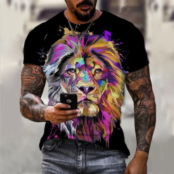 Men's Fashion Animal Lion Graffiti Painted Sports Short Sleeve T-Shirt - Wayrates.com 