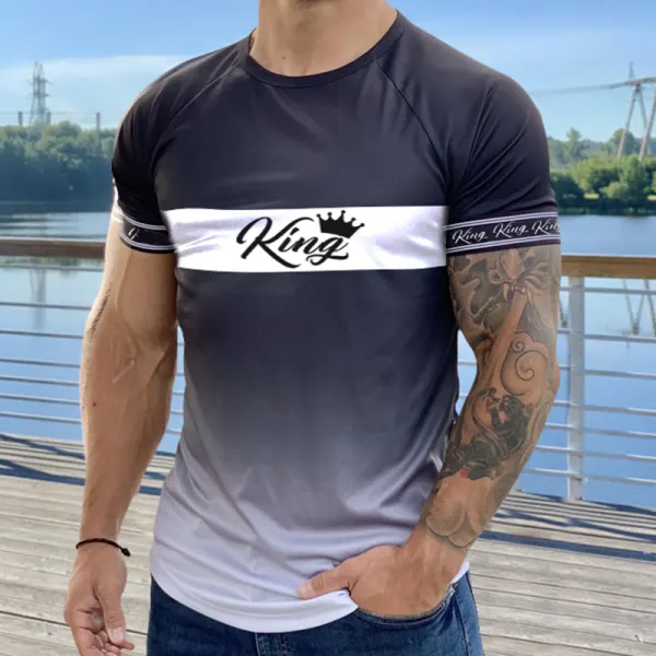 Men's Fashion Black And White Gradient Crown King Print Casual Slim Short Sleeve T-Shirt - Spiretime.com 