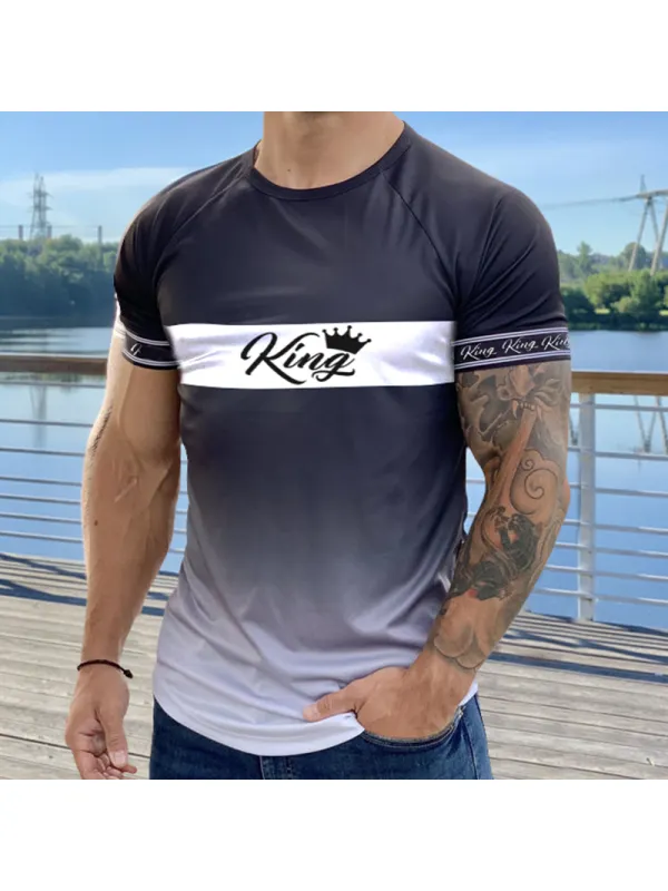 Men's Fashion Black And White Gradient Crown King Print Casual Slim Short Sleeve T-Shirt - Anrider.com 