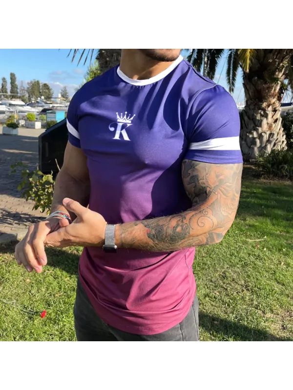 Men's Fashion Gradient Crown King Print Casual Slim Short Sleeve T-Shirt - Ootdmw.com 