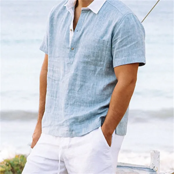 Men's Resort V-Neck Linen Shirt - Keymimi.com 