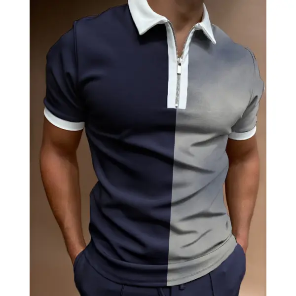 Men's Colorblock Zip Lapel T-Shirt Polo Shirt - Spiretime.com 