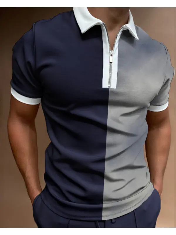 Men's Colorblock Zip Lapel T-Shirt Polo Shirt - Ootdmw.com 