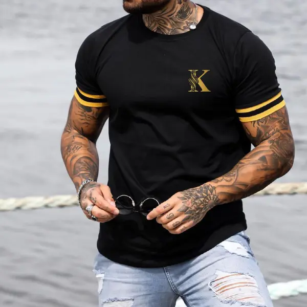 Men's Fashion K Print Color Matching Casual Slim Fit Short Sleeve T-Shirt - Fineyoyo.com 