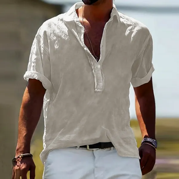 Men's Casual Solid Color Cotton Linen Half Open Collar Shirt - Keymimi.com 