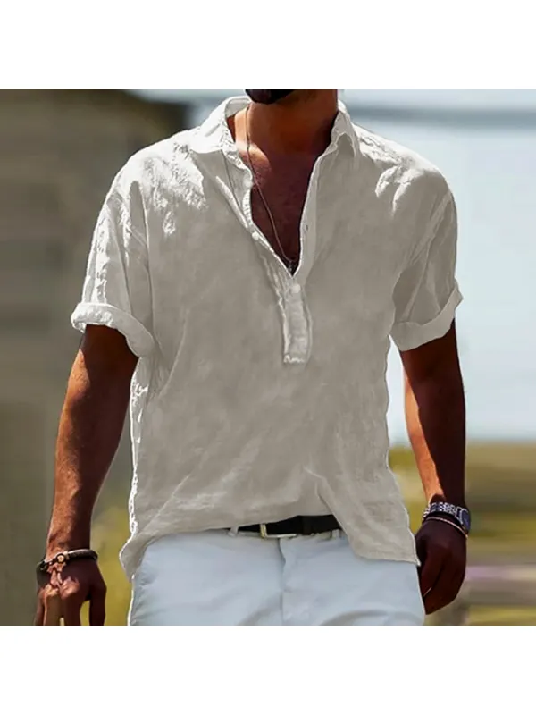 Men's Casual Solid Color Cotton Linen Half Open Collar Shirt - Anrider.com 