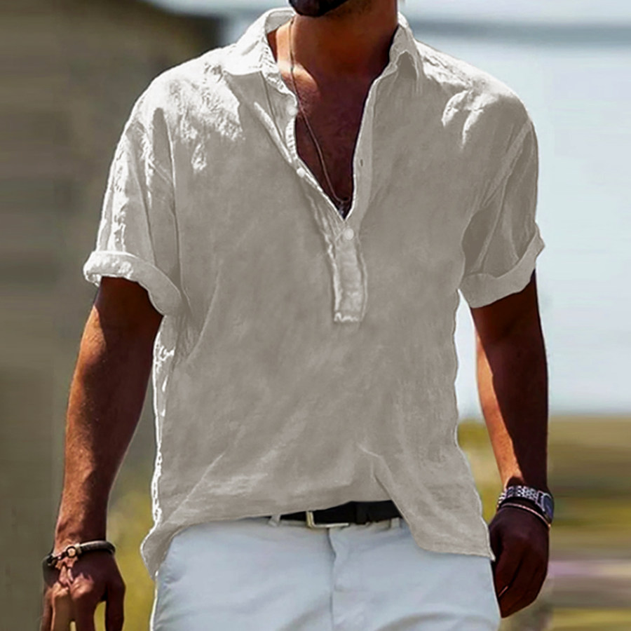 

Men's Casual Solid Color Cotton Linen Half Open Collar Shirt