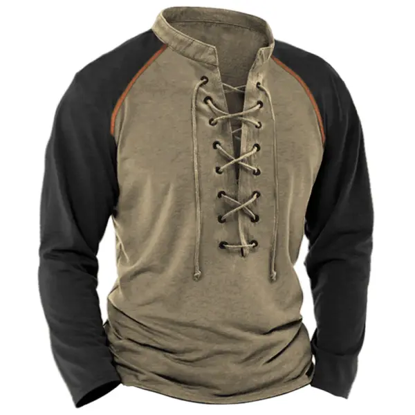 Men's Retro Color Block Raglan Sleeve Lace Up Casual T-Shirt - Chrisitina.com 