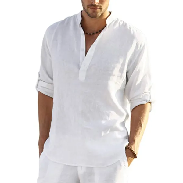 Men's Casual Loose Solid Color Stand Collar Cotton Linen Long Sleeve Shirt - Elementnice.com 