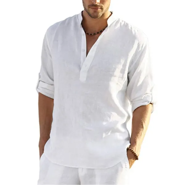 Men's Casual Loose Solid Color Stand Collar Cotton Linen Long Sleeve Shirt - Menzfolk.com 