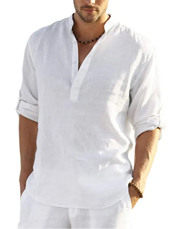 Men's Casual Loose Solid Color Stand Collar Cotton Linen Long Sleeve Shirt - Simplyion.com 