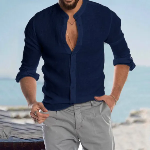 Men's Casual Linen Shirt Band Collar Long Sleeve Button Down Shirt - Albionstyle.com 