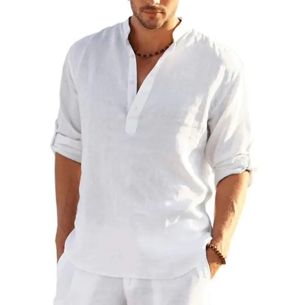 Men's Solid Color Casual Long Sleeve Cotton Linen Shirt - Trisunshine.com 