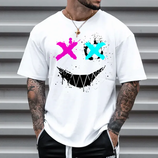 Men's Fashion Smiley Print Short Sleeve T-Shirt Casual Crew Neck Top - Cotosen.com 