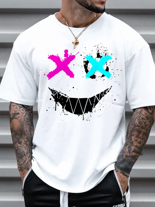 Men's Fashion Smiley Print Short Sleeve T-Shirt Casual Crew Neck Top - Wantbright.com 