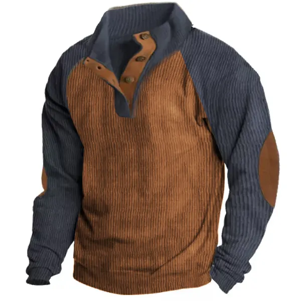 Men's Sweatshirt Corduroy Pullover Elbow Patch Sweatshirt Outdoor Raglan Sleeves Casual Stand Collar Sweatshirt - Cotosen.com 