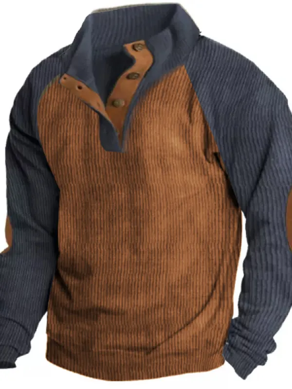 Men's Sweatshirt Corduroy Pullover Elbow Patch Sweatshirt Outdoor Raglan Sleeves Casual Stand Collar Sweatshirt - Wantbright.com 
