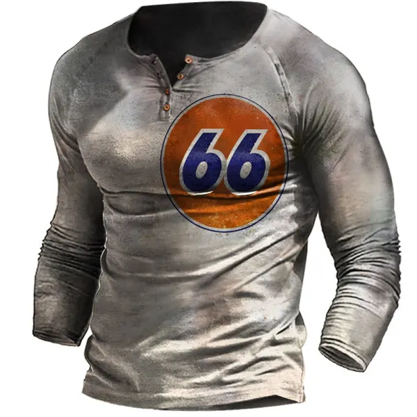 Route 66 Men's Outdoor Retro Motorcycle Long Sleeve Henley T-shirt - Elementnice.com 