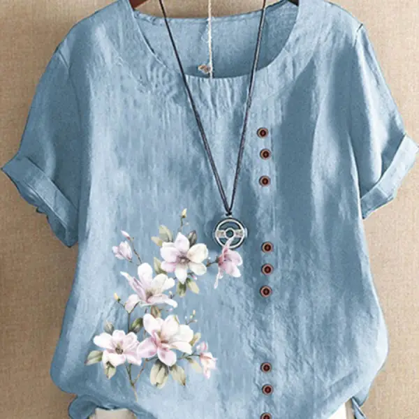 Round Neck Casual Loose Floral Print Short Sleeve Blouse - Wayrates.com 