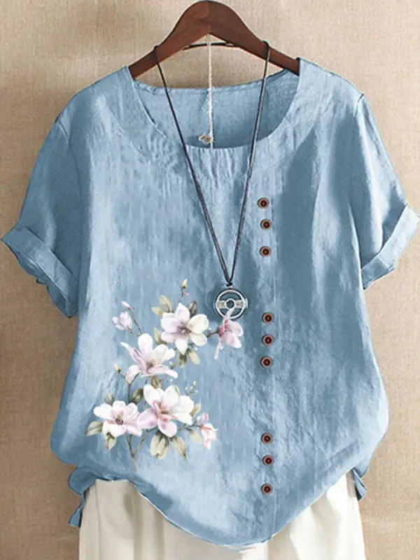 Round Neck Casual Loose Floral Print Short Sleeve Blouse - Oasisjoy.com 