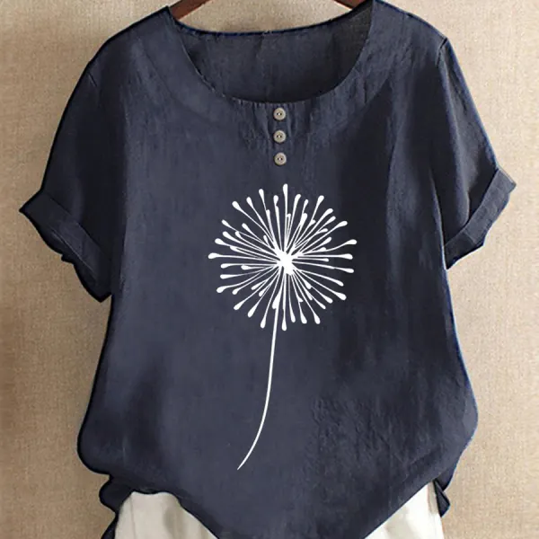 Casual Dandelion Print Button Crew Neck Short Sleeve Blouse - Cotosen.chimpone.com 