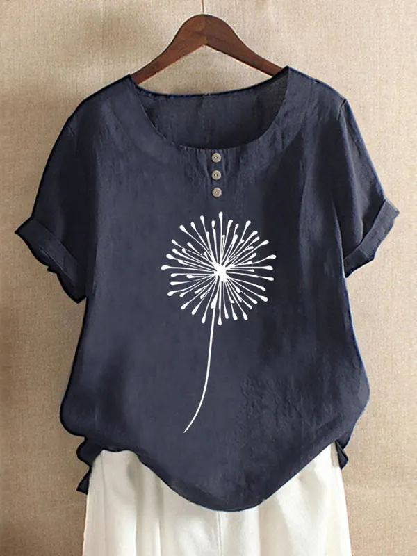 Casual Dandelion Print Button Crew Neck Short Sleeve Blouse - Pragmaace.com 