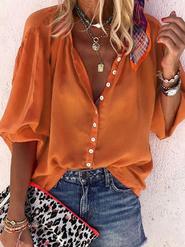 Casual Solid Color Long Sleeve V-Neck Button Blouse - Oasisjoy.com 