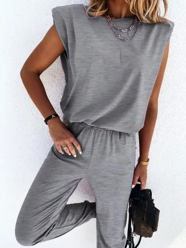 Round Neck Casual Loose Solid Color Short-sleeved Sports Suit - Viewbena.com 