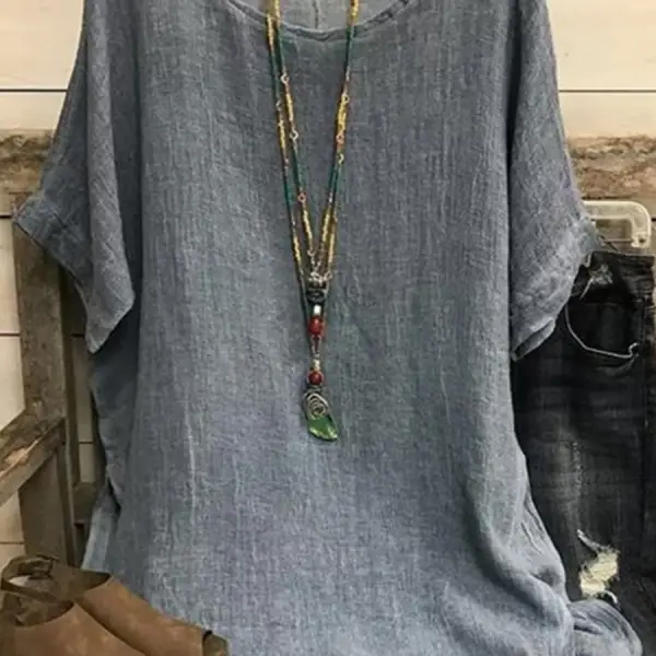 Round Neck Casual Loose Solid Color Linen Short-sleeved Blouse - Rabclub.com 