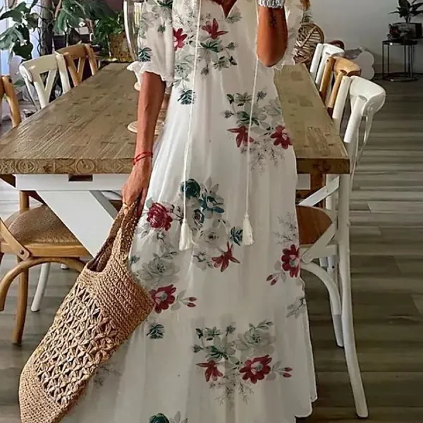 Casual Loose V-Neck Printed Short Sleeve Maxi Dress - Cotosen.com