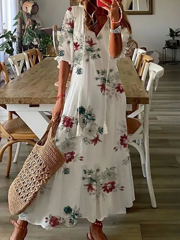 Casual Loose V-Neck Printed Short Sleeve Maxi Dress - Oasisjoy.com 