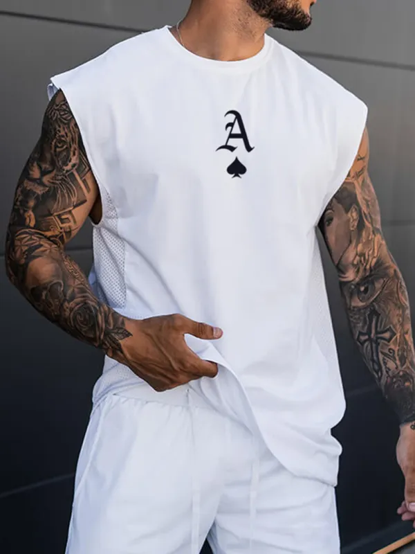 Men's Fashion Ace Of Spades Print Tank Top Casual Mesh Patchwork Breathable Sleeveless T-Shirt - Sunshinenice.com 
