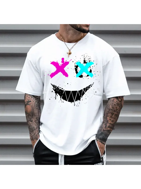 Men's Fashion Smiley Print Short Sleeve T-Shirt Casual Crew Neck Top - Anrider.com 