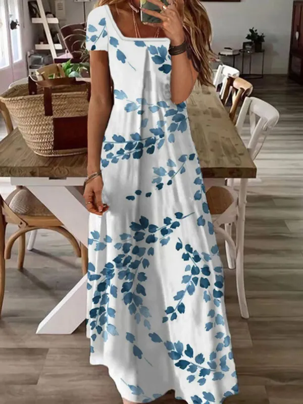 Casual Leaf Print Square Collar Short Sleeve Maxi Dress - Oasisjoy.com 