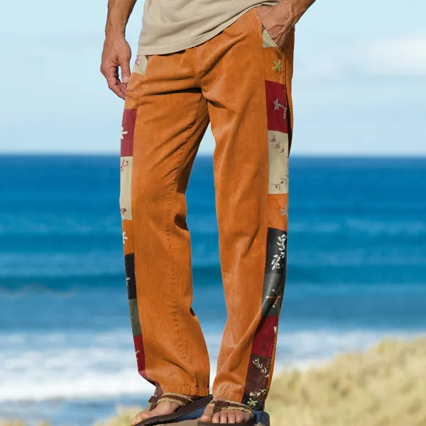 Men's Linen Contrast Checkered Patchwork Print Boho Pants - Menilyshop.com 