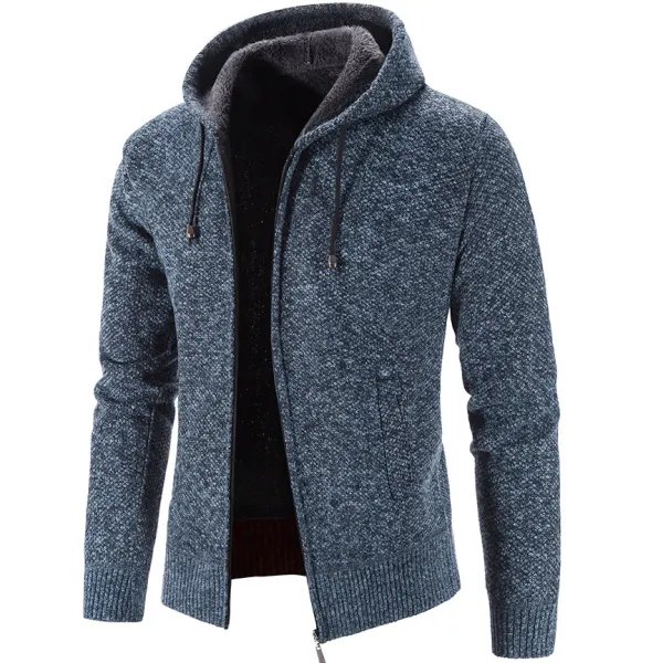 Men's Casual Fleece Thickened Hooded Knit Cardigan Jacket - Nicheten.com 