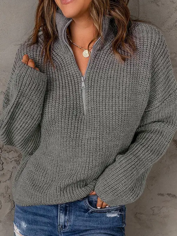 Casual Loose Solid Color Sweater Zip Pullover - Realyiyishop.com 