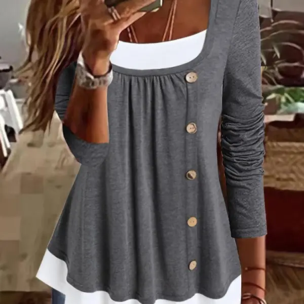 Round Neck Casual Loose Panel Single Breasted Long Sleeve T-shirt - Rabclub.com 