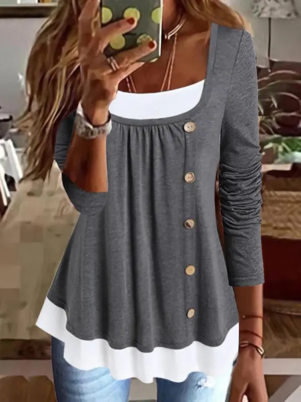 Round Neck Casual Loose Panel Single Breasted Long Sleeve T-shirt - Simplyion.com 