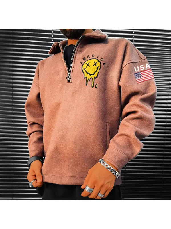 Men's America Smiley Print Casual Zip Lapel Oversize Sweatshirt - Anrider.com 