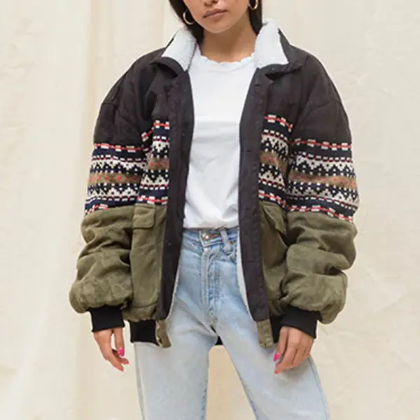 Women Vintage Suede Graphic Aztec Fleece Jacket - Ootdyouth.com 