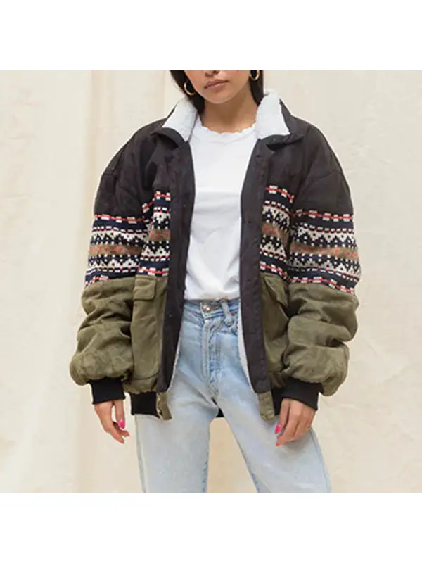 Women Vintage Suede Graphic Aztec Fleece Jacket - Anrider.com 