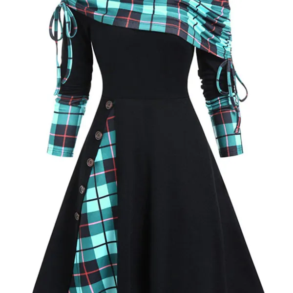 Casual Vintage Print Panel Long Sleeve Midi Dress - Rabclub.com 
