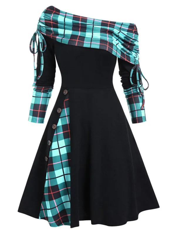 Casual Vintage Print Panel Long Sleeve Midi Dress - Simplyion.com 