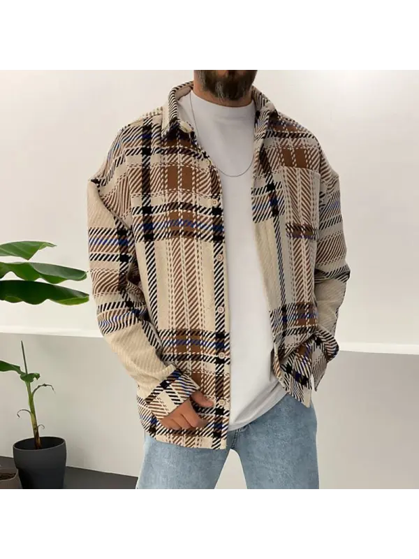 Fleece Color Matching Plaid Casual Men's Jacket - Machoup.com 