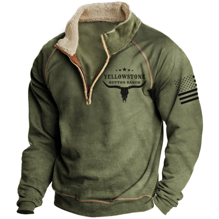 

Men's Vintage Outdoor Yellowstone American Flag Zipper Stand Collar Sweatshirt