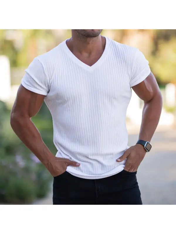 Pit Strip Slim V-neck Casual Sports Short-sleeved T-shirt - Cominbuy.com 