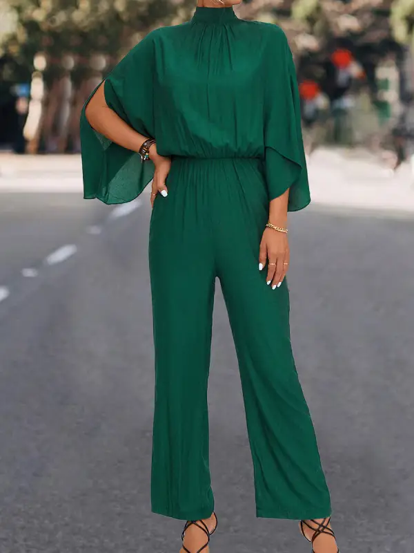 Solid Color Slit Sleeve Stand Collar Jumpsuit - Machoup.com 